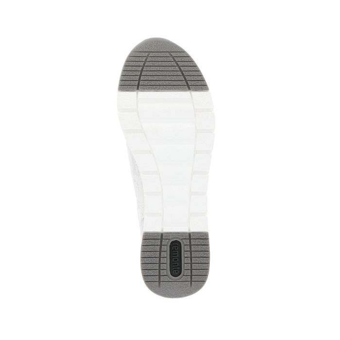 Grey and white outsole with light tread and green Remonte logo on heel.