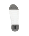 Grey and white outsole with light tread and green Remonte logo on heel.