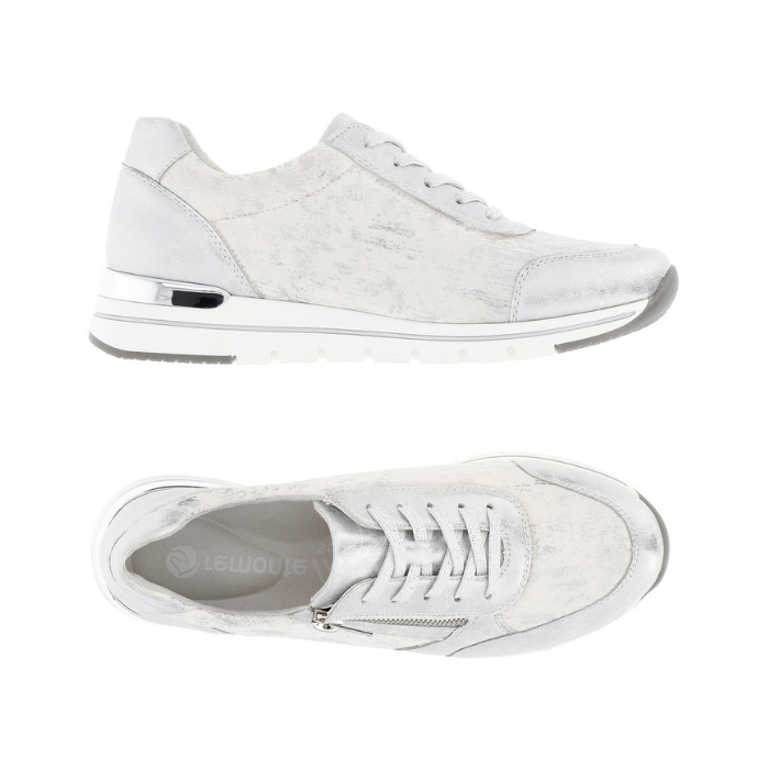 Pair of Silver lace sneakers with brushed texture pattern, side zipper, Remonte logo'd footbed, white midsole and grey outsole.