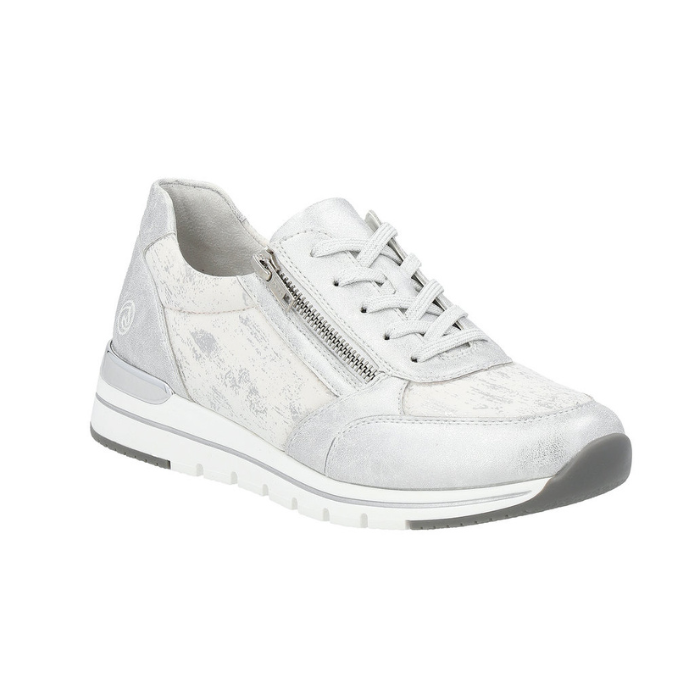 Silver lace sneaker with brushed texture pattern, side zipper, white midsole and grey outsole.
