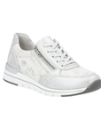Silver lace sneaker with brushed texture pattern, side zipper, white midsole and grey outsole.