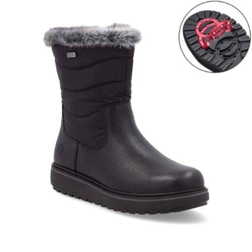 Black Remonte D0U79 ankle boot with faux fur trim and waterproof design.