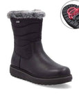 Black Remonte D0U79 ankle boot with faux fur trim and waterproof design.