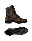 Pair of Leopard print combat boots with side zipper, laces and lugged black outsole.