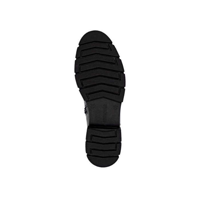Black geometric treaded outsole with Remonte logo in middle.