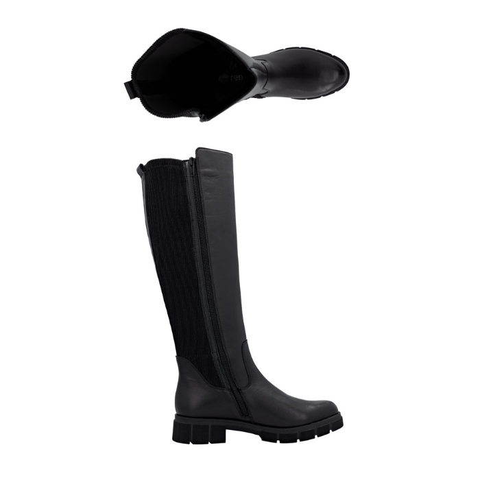 Pair of black knee-high boots with lugged outsole.
