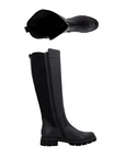 Pair of black knee-high boots with lugged outsole.