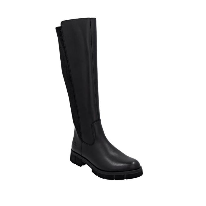 Black knee-high boot with lugged outsole.