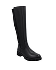 Black knee-high boot with lugged outsole.