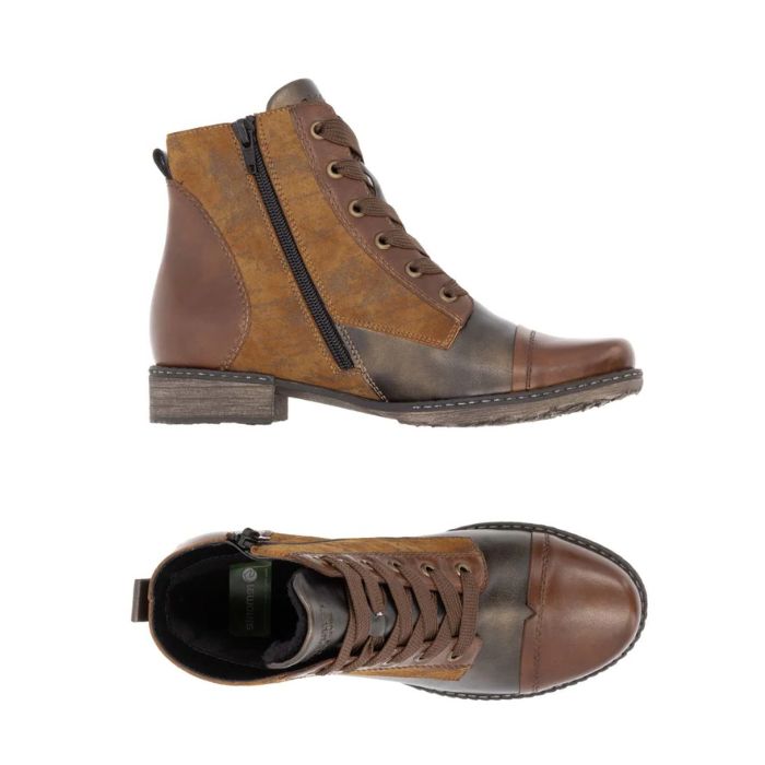 Pair of Medium brown lace up ankle boots with tan print pattern and accent sections, side zipper, thick black laces and low heel.