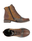 Pair of Medium brown lace up ankle boots with tan print pattern and accent sections, side zipper, thick black laces and low heel.
