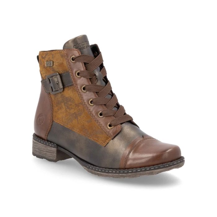 Medium brown lace up ankle boot with tan print pattern and bronze accent sections, side buckle, thick black laces and low heel.