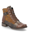 Medium brown lace up ankle boot with tan print pattern and bronze accent sections, side buckle, thick black laces and low heel.