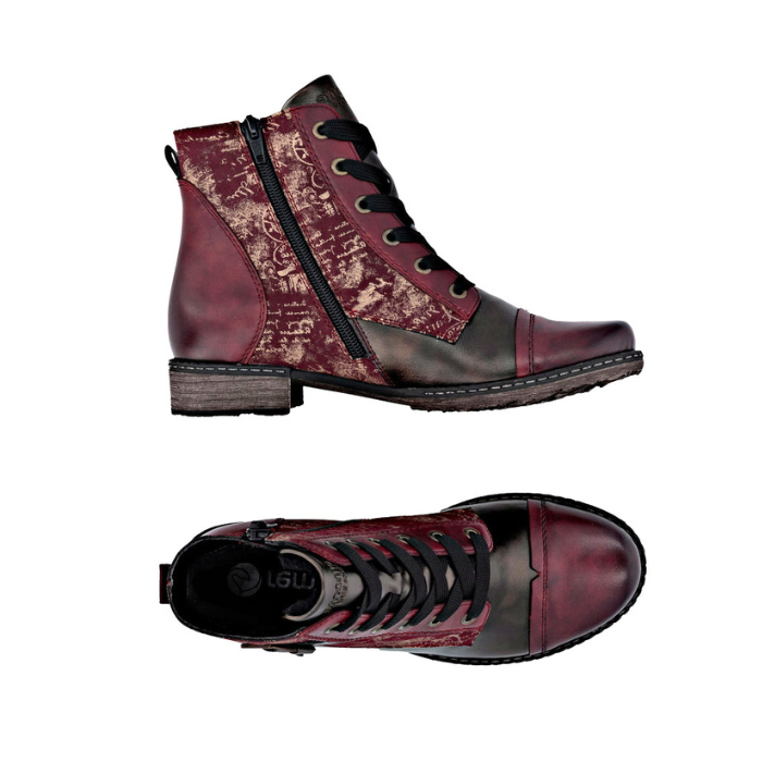 Pair of Red lace up ankle boots with bronze print pattern and accent sections, side buckle, thick black laces and low heel.