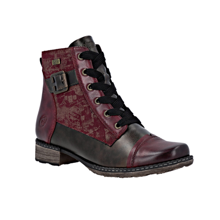 Red lace up ankle boot with bronze print pattern and accent sections, side buckle, thick black laces and low heel.