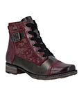 Red lace up ankle boot with bronze print pattern and accent sections, side buckle, thick black laces and low heel.