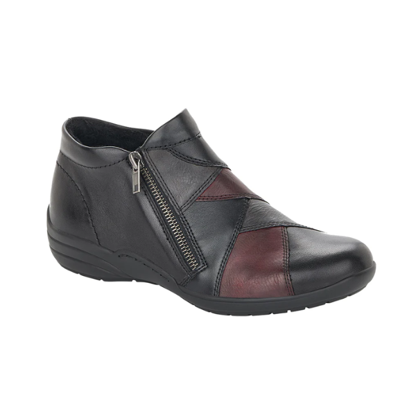 Women's Remonte R7674 Ankle Boot in genuine leather with side zipper and burgundy accents, ideal for fall fashion and everyday wear.