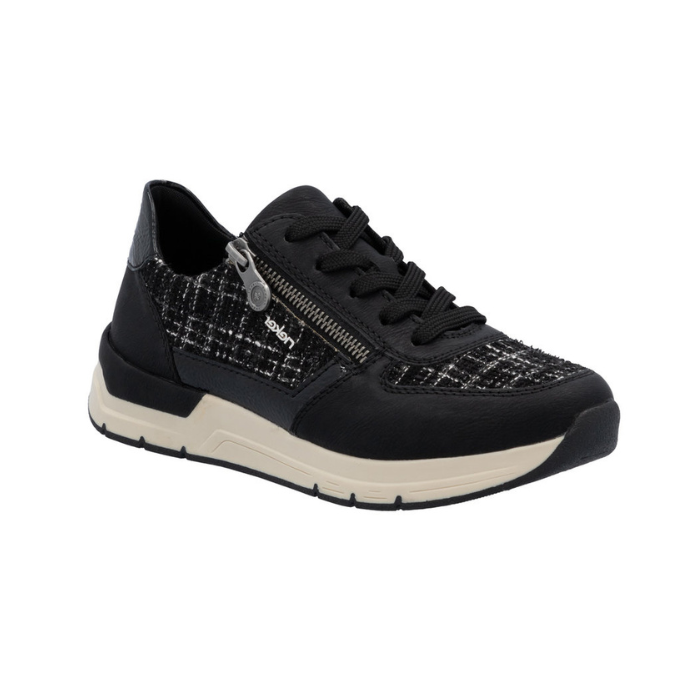 Black sneaker with plaid accents, beige midsole and black outsole.