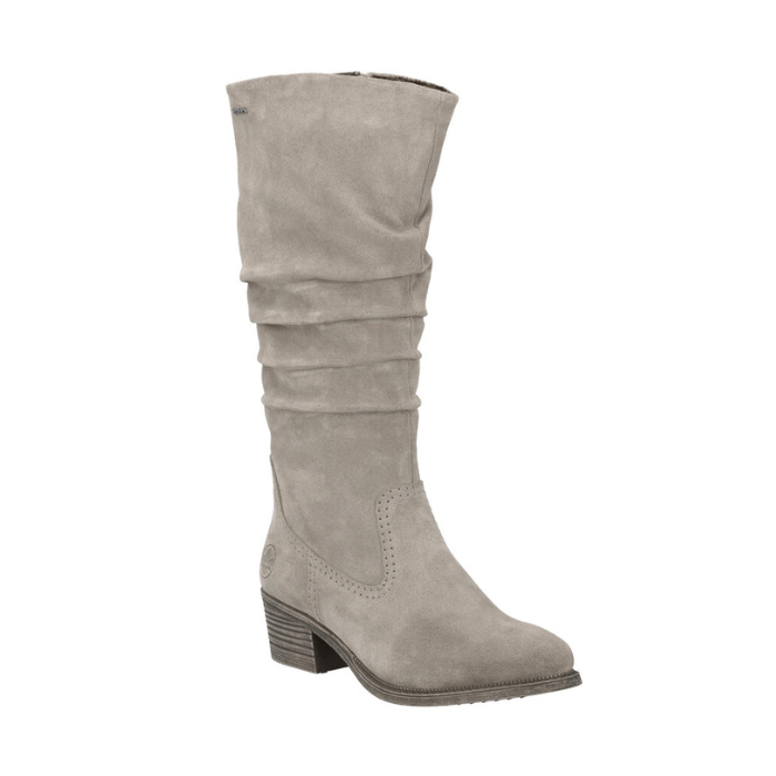 Gray knee-high boot with western vibe and a low block heel.