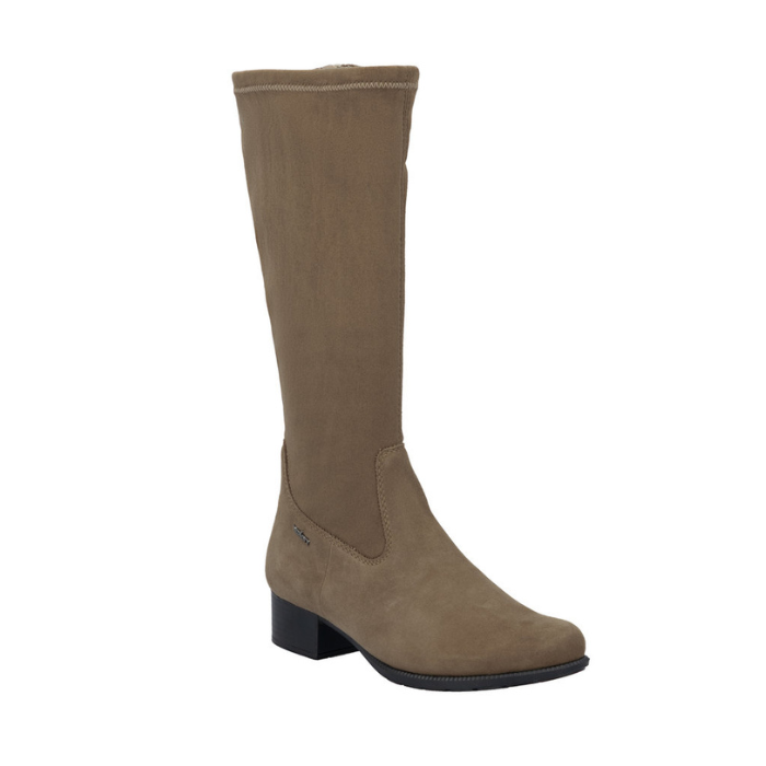 Tall taupe suede boot with black low block heel.