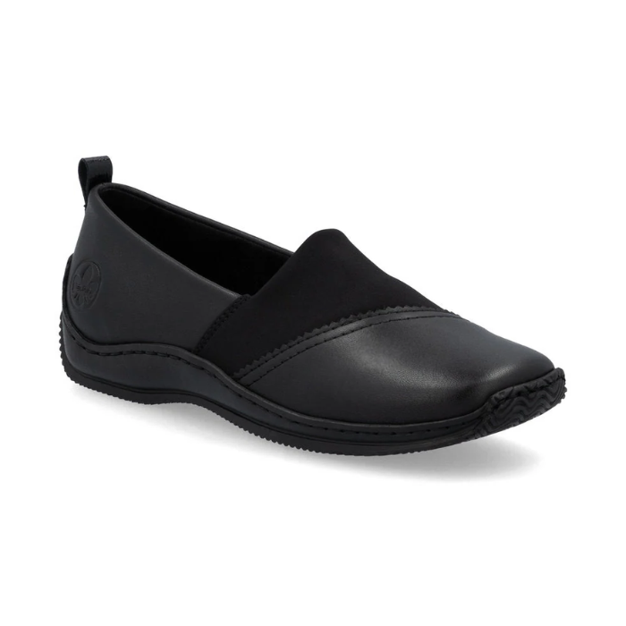 Women's Rieker L1790 leather loafer in black with slip-on design and shock-absorbing sole, ideal for casual comfort and everyday wear.