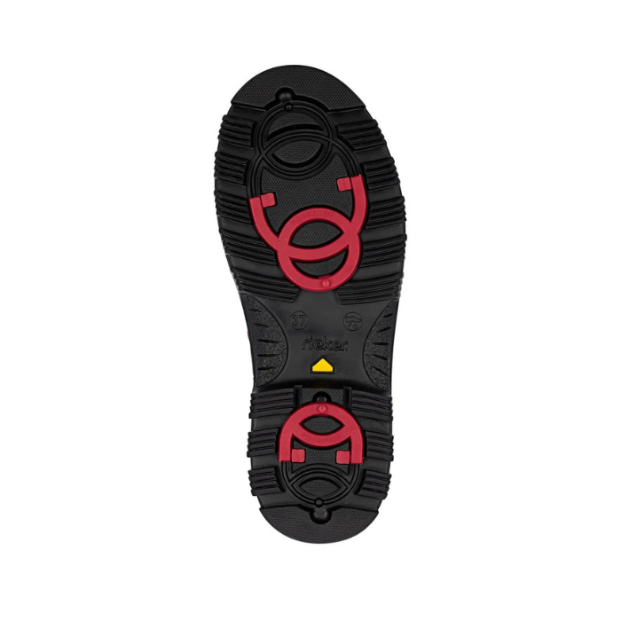 Black treaded outsole with red collapsible ice grips.