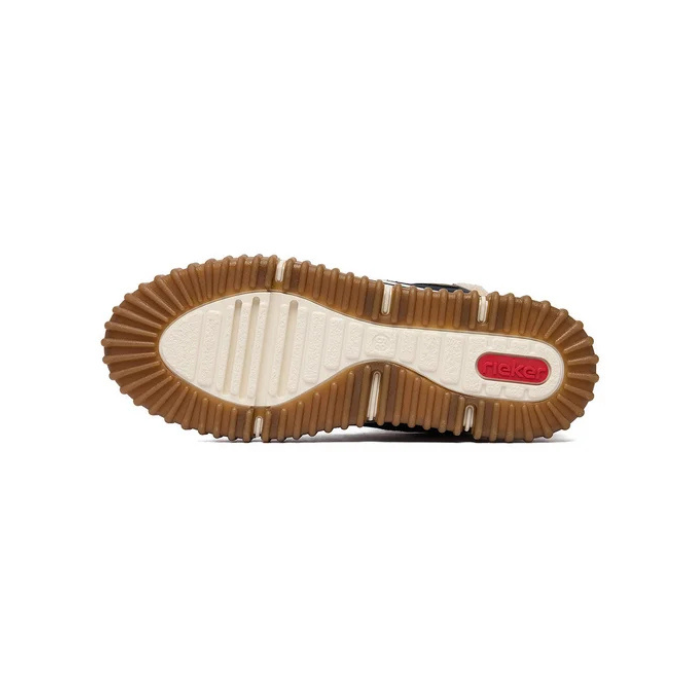 Off-white treaded outsole with tan border and red Rieker logo stamped in heel.