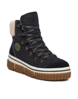 A dark navy blue high-top winter boot with a thick brown lug sole, a cream-colored fleece lining at the collar, and brown laces threaded through metal eyelets.