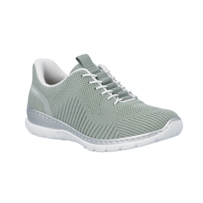 Light green sneaker with white elastic laces, fabric mesh upper and white outsole.