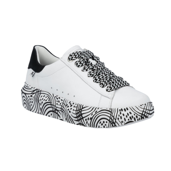 White platform sneaker with black and white laces, black heel counter and a black geometric line pattern on midsole.