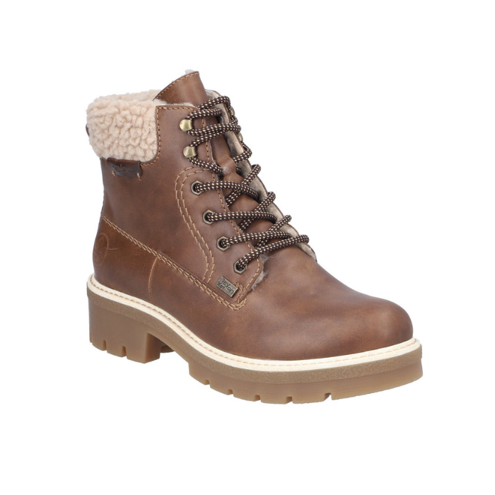 Brown faux leather ankle boot with beige fur fleece cuff, detailed light stitching, and a tan rubber lugged outsole