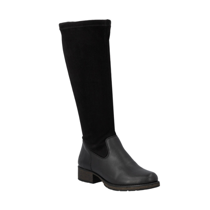 Tall black boot with suede and smooth leather sections and a low block heel