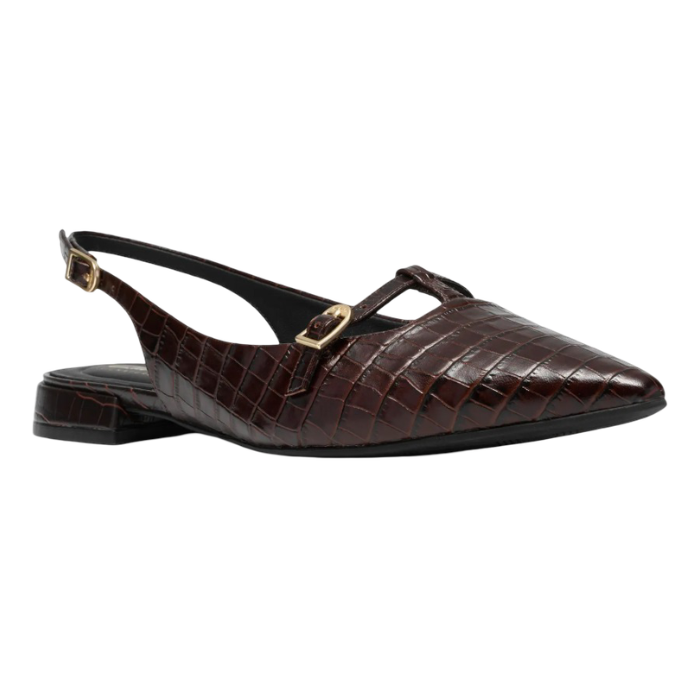 A dark brown crocodile-embossed slingback flat shoe with a pointed toe and gold-tone buckle details.