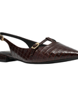 A dark brown crocodile-embossed slingback flat shoe with a pointed toe and gold-tone buckle details.
