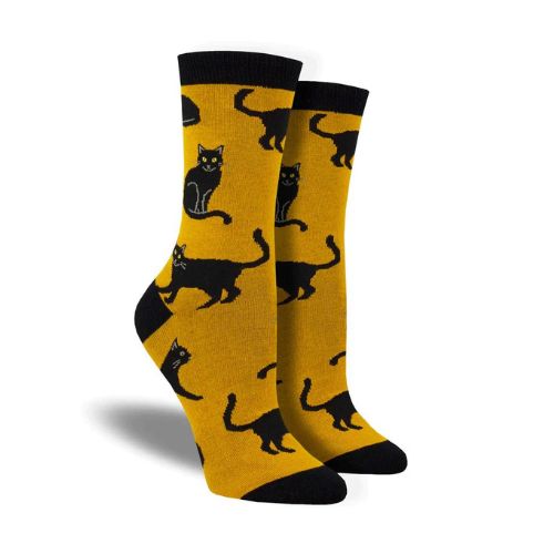 Women's Socksmith Black Cat Bamboo Crew Socks in mustard yellow featuring black cat print, made from eco-friendly antibacterial bamboo.