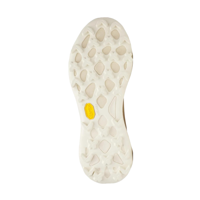 White lugged outsole with Vibram logo on edge.