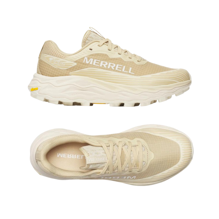 Pair of Beige mesh upper with cream accents on Merrell hiking shoes, Merrell logo'd footbed and thick cushioned lugged outsole.
