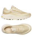 Pair of Beige mesh upper with cream accents on Merrell hiking shoes, Merrell logo'd footbed and thick cushioned lugged outsole.
