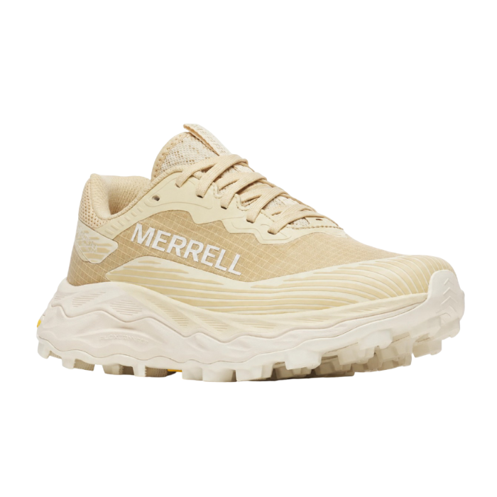 Beige mesh upper with cream accents on Merrell hiking shoe with thick cushioned lugged outsole.