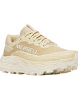 Beige mesh upper with cream accents on Merrell hiking shoe with thick cushioned lugged outsole.