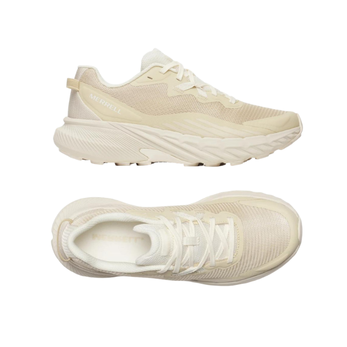 Pair of Beige sneakers with cushioned lugged outsole, light accents, and mesh upper.