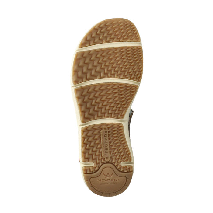 Brown and off-white outsole with sharp wave pattern tread and Allrounder logo on heel.