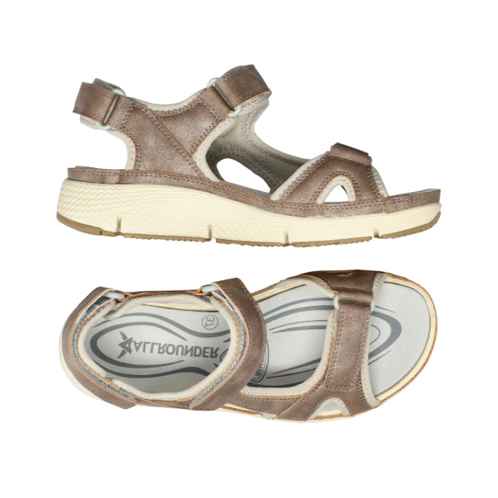Pair of Brown walking sandals with slight shimmer, white lining, Allrounder logo'd grey footbed and white cushioned outsole.