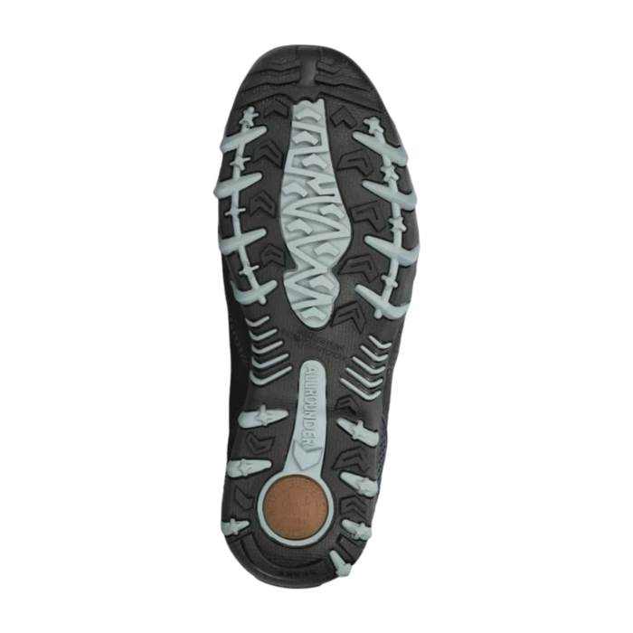 Black and blue treaded outsole with brown heel cushion and Allrounder logo stamped in.