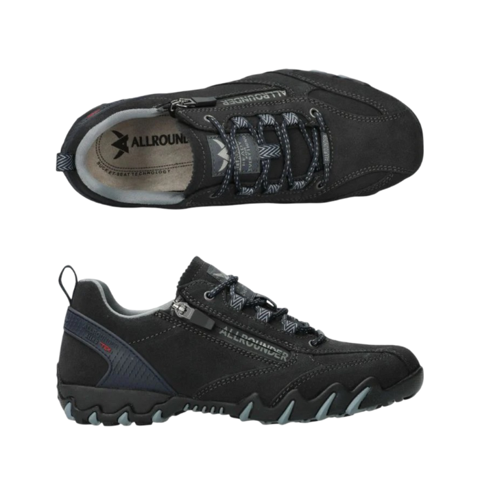 Pair of Dark blue hiking shoes with laces, side zipper, tan Allrounder logo'd footbed and black treaded outsole with blue accents.