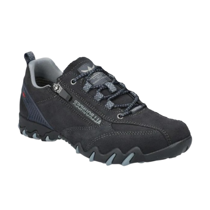Dark blue hiking shoe with laces, side zipper and black treaded outsole with blue accents.