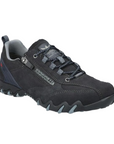 Dark blue hiking shoe with laces, side zipper and black treaded outsole with blue accents.