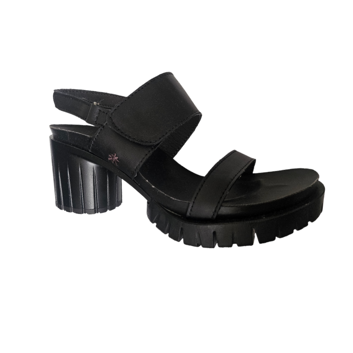 Black sandal with slingback strap and a lugged round block heel outsole.