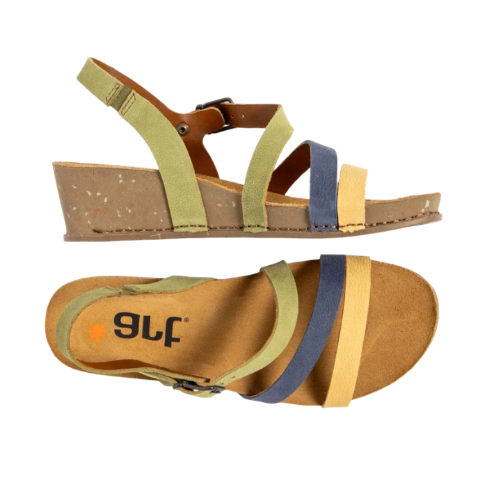 Pair of Green, blue and yellow strappy sandals with tan Art logo'd footbed, tan wedge midsole and light textured outsole.