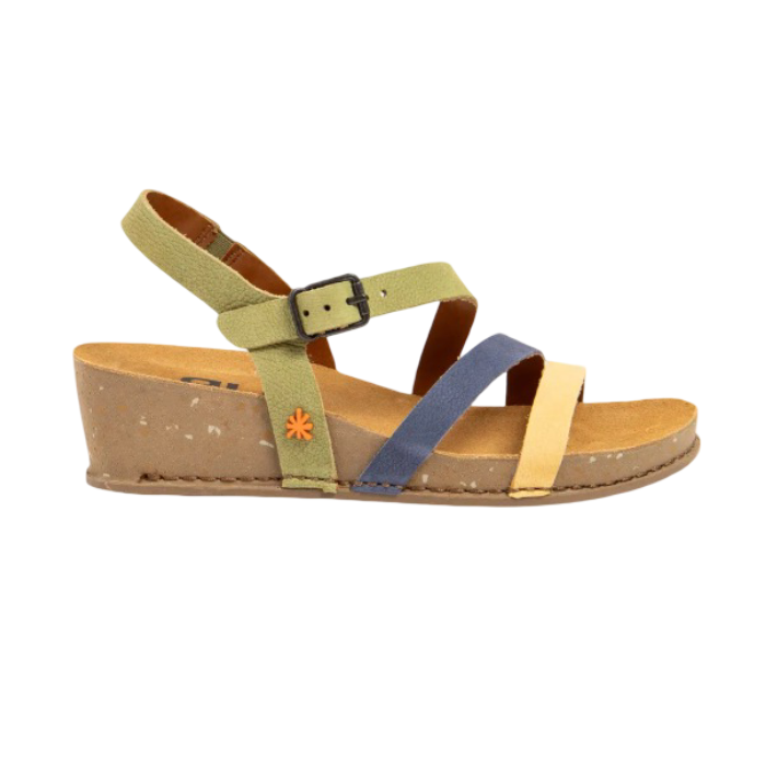 Green, blue and yellow strappy sandal with tan Art logo'd footbed, tan wedge midsole and light textured outsole.